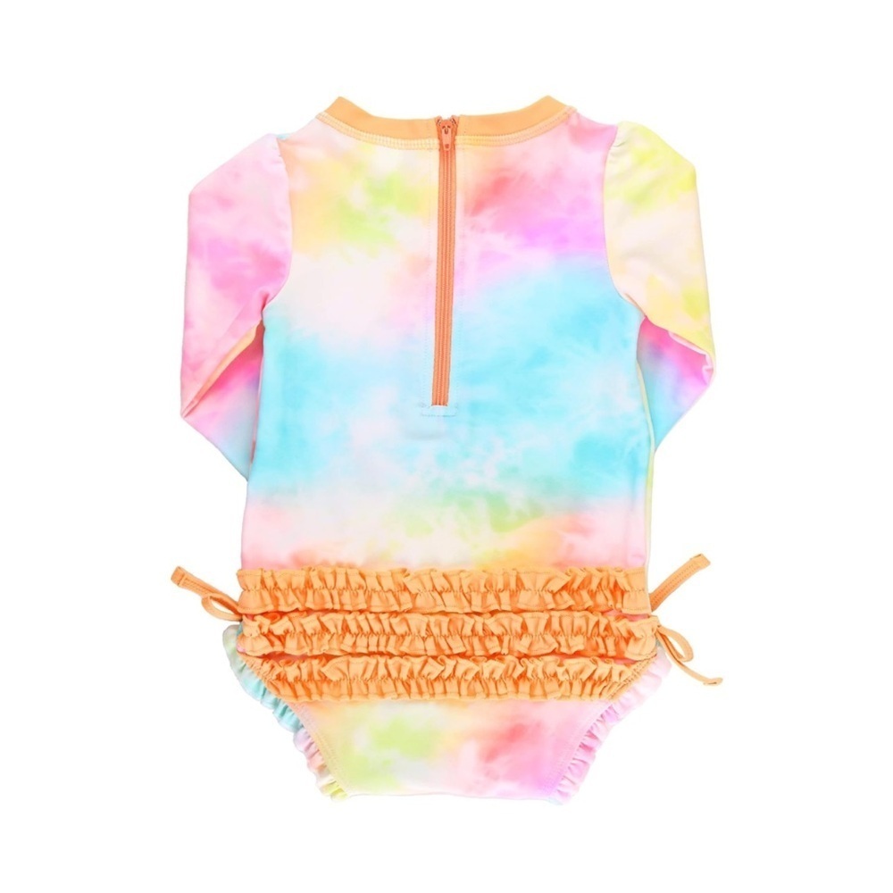 RuffleButts Baby Girl Rash Guard Swimsuit UPF 50+ Rainbow Tie Dye 18-24M - Picture 2 of 6